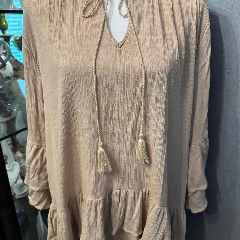 Forgotten Grace 1X Boho Fairycore Ruffle Tunic Top Taupe Tassel